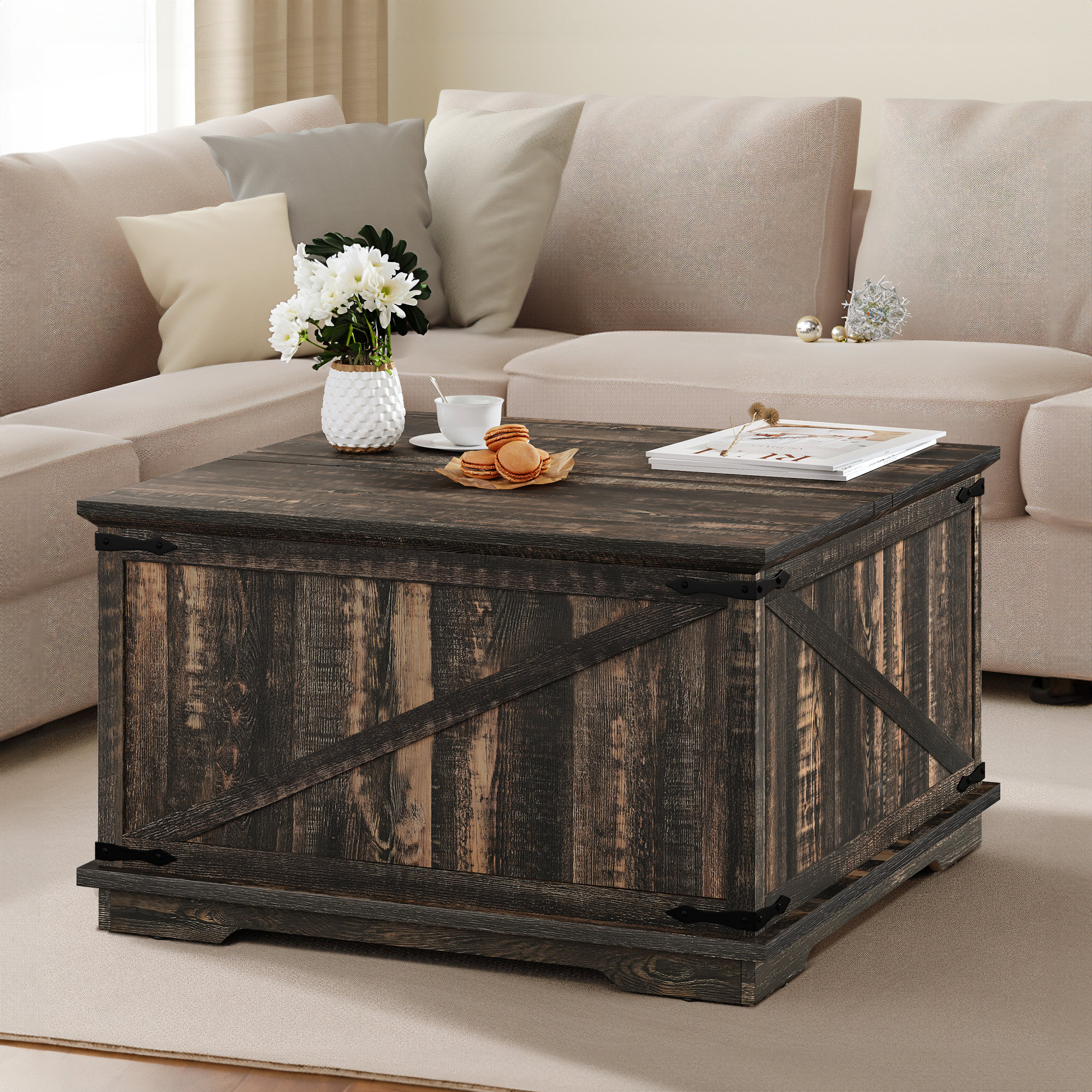 Vihaan Farmhouse Lift Top Coffee Table 2 Way with Storage for Living Room Laurel Foundry Modern Farmhouse Color Deep Brown